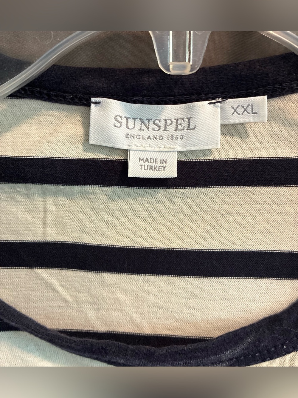 Sunspel Men's Classic T-shirt in Ecru/Navy Breton Stripe, Crew Neck; Size XXL - Picture 6 of 8